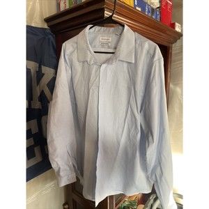 Calvin Klein Mens Shirt Neck 18.5 2X Slim Fit Blue White Cotton Checks No Iron